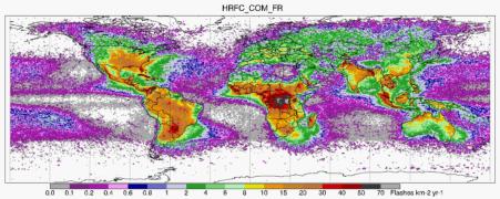 Durchschnittliche Anzahl der Blitzeinschläge pro km2 und Jahr (Auflösung 0,5° / ODT- und LIS-Daten / satellitengestützte optische Bestimmung 1995–2010. (© Rachel et al. (2016) Quelle: https://www.meteoschweiz.admin.ch/wetter/wetter-und-klima-von-a-bis-z/gewitter/blitzhaeufigkeit-die-blitzreichsten-regionen-der-welt.html
