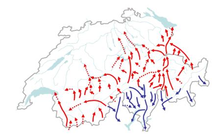 Die typischen Täler der Schweiz mit Südföhn (rot) und Nordföhn (blau). Gestrichelt eingezeichnet sind die Gegenden, in welchen der Föhn nur selten beobachtet wird. (Quelle: MeteoSchweiz)
